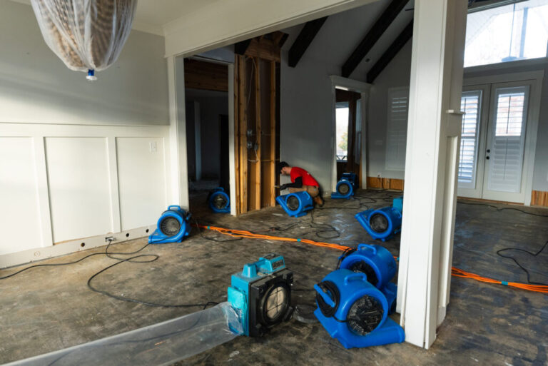 Air movers drying a water-damaged room
