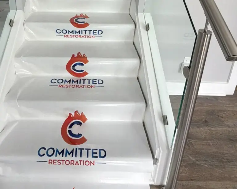 Committed Restoration branded floor protection on a staircase during a contents pack-out